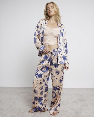 River Island Pyjama Set Astrology Printed Satin - White