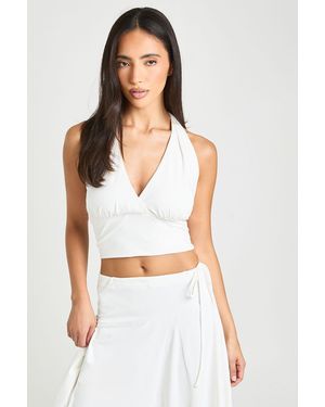 Boohoo Wrap Front Cinched Waist Halter Top - White