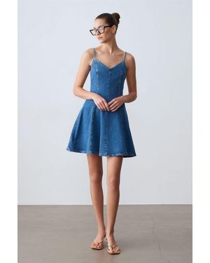 Dilvin Sleeveless A-Line Mini Denim Dress - Blue