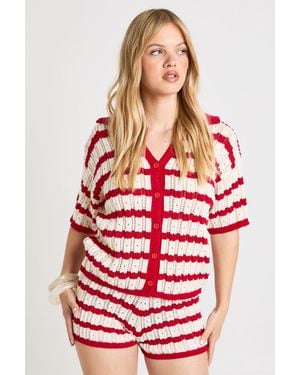 Boohoo Petite Crochet Stripe Collared Shirt And Short Co-Ord