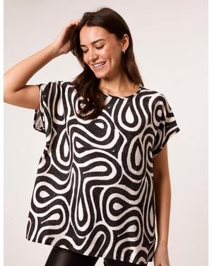 Blue Vanilla Round Neck Top With Abstract Print - Black