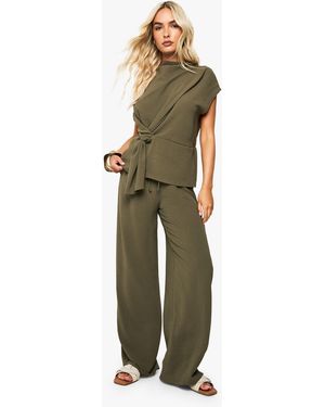 Boohoo Woven Drape Blouse & Trouser Co-Ord - Green