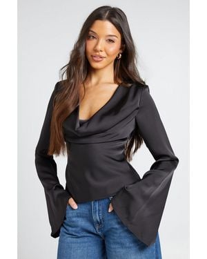 Boohoo Long Sleeve Satin Cowl Neck Top - Black