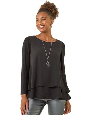Roman Chiffon Overlay Necklace Top - Black