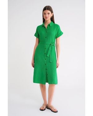 MixRay Relaxed Fit Midi Dress With Shirt Collar And Buttons - Green
