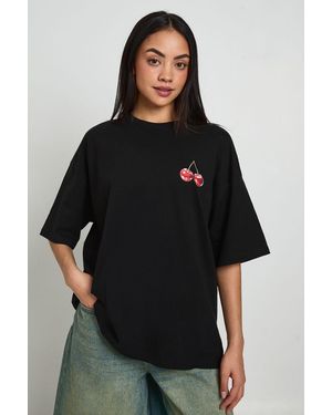Boohoo Cherry Print Front And Back Printed T-Shirt - Black