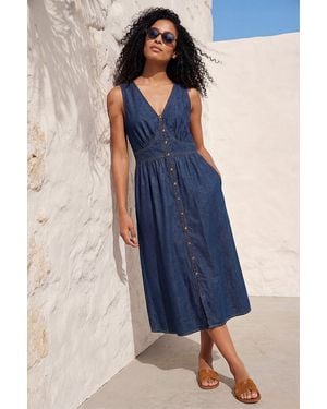 Roman Cotton Button Detail Midi Dress - Blue