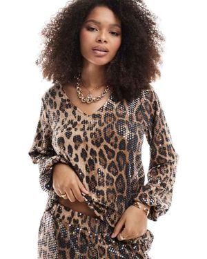 Threadbare Leopard Print Tie Front Sequin Long Sleeve Top - Brown