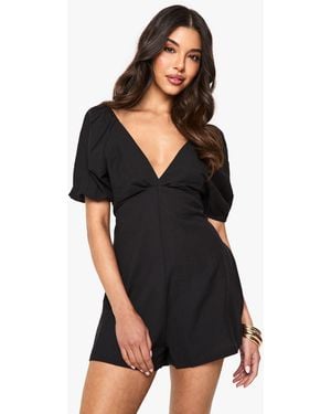 Boohoo Linen Tie Back Puff Sleeve Playsuit - Black
