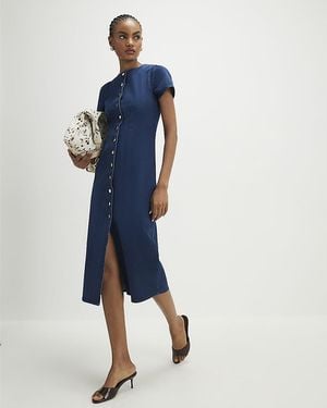 River Island Midi Dress Denim Button Cap Sleeve Cotton - Blue
