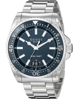 Gucci Ya136203 Duikhorloge Met Blauwe Wijzerplaat En Roestvrijstalen Armband - Metallic