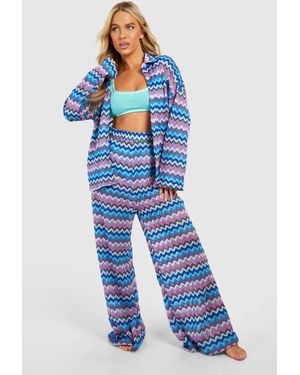 Boohoo Zig Zag Knitted Wide Leg Beach Trousers - Blue