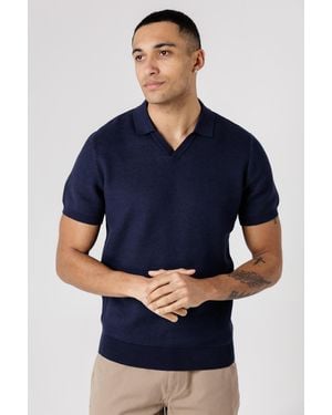 Kensington Eastside Dark Cotton Short Sleeve V-Neck Polo Shirt - Blue