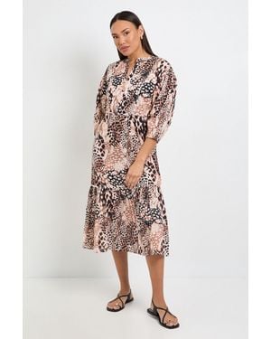 Wallis Animal Cotton Dobby Contrast Midi Dress - Brown