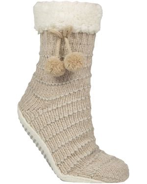 Elle 1 Pair Ladies Chenille Slipper Socks With Moccasin Sole - Natural