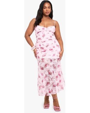 Boohoo Plus Floral Lace Ruched Midaxi Dress - Pink
