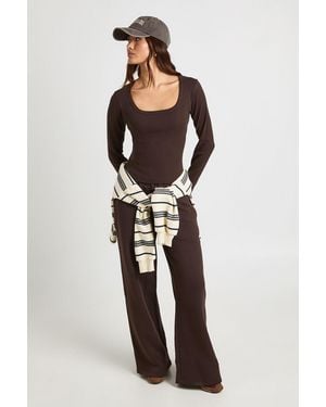 Boohoo Scoop Neck Long Sleeve Top And Straight Leg Jogger Tracksuit - Brown
