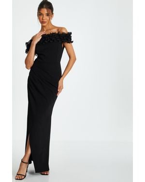 Quiz Bardot Ruffle Ruched Maxi Dress - Black