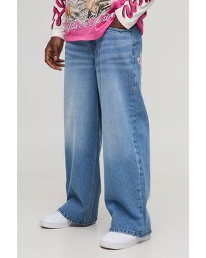 BoohooMAN Baggy Fit Pu Applique Rhinestone Jeans - Blue