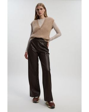 Karen Millen Faux Leather Seam Detail Wide Leg Tailored Trouser - Brown