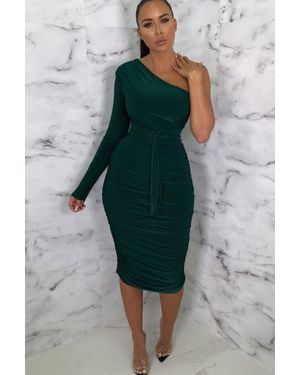 Femme Luxe One Shoulder Ruched Slinky Midi Dress - Green