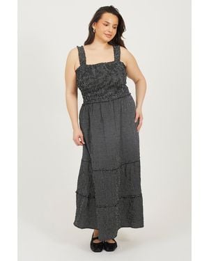 Brave Soul Curve Check Strappy Shirred Maxi Dress - Black