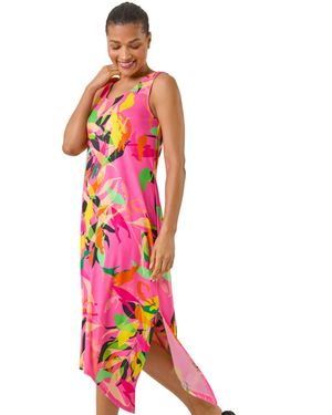 Roman Floral Print Hanky Hem Midi Dress - Red
