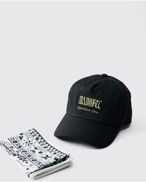 BoohooMAN Two-Piece Bandana And Cap Set With Contrast Topstitch & Embroidered Graphic - Black