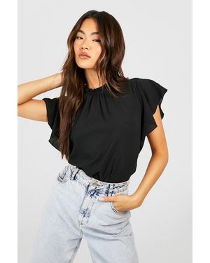 Boohoo Woven Frill Sleeve And Neck Blouse - Black