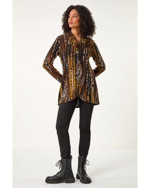 Roman Animal Print Cowl Neck Tunic Top - Black