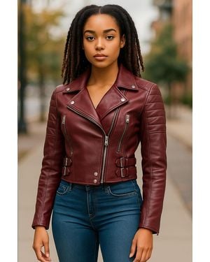 Infinity Leather Cropped Brando Biker Jacket-Durban Lamb Leather - Red