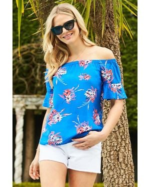 Sosandar Print Fluted Sleeve Bardot Top - Blue