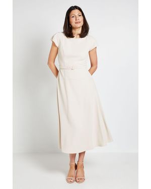 Wallis Crepe Belted Cap Sleeve Midi Dress - White