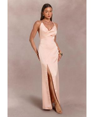 Boohoo Satin Halterneck Cowl Neck Maxi Dress - Natural