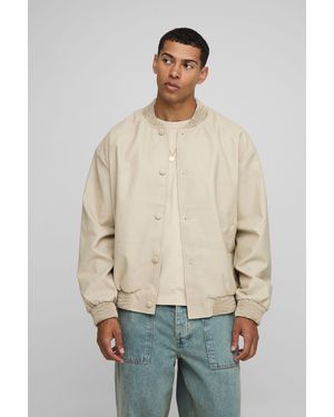 BoohooMAN Oversized Fit Soft Pu Bomber Jacket - Natural