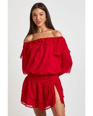 Boohoo Ruffle Chiffon Bardot Blouse - Red
