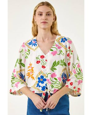 Roman Floral Tie Front Blo - White