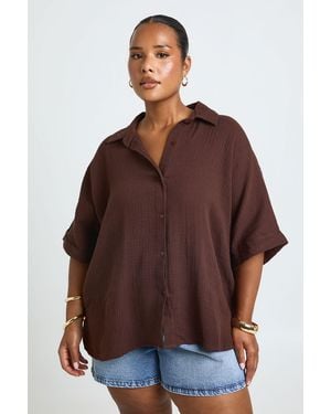 Boohoo Plus Short Sleeve Boxy Beach Shirt - Brown