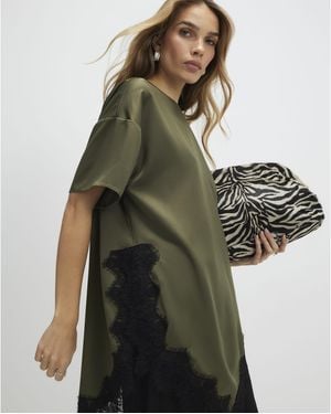 River Island T-Shirt Asymmetric Lace Satin - Green