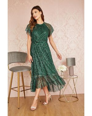 Yumi' Sequin Angel Sleeve Midi Dress - Green