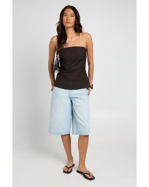 Boohoo Linen Look Longline Bandeau Top - Blue