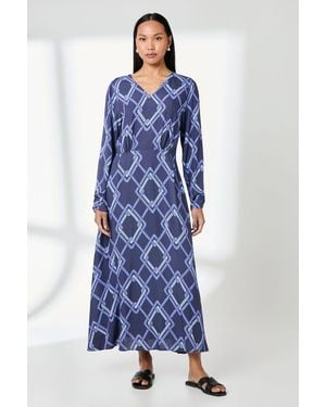 PRINCIPLES Geo Print V Neck Midi Dress Viscose - Blue