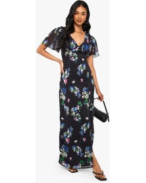 Boohoo Floral Angel Sleeve Chiffon Plunge Maxi Dress - Blue