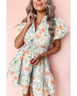 Azura Exchange Floral Mini Dress Tiered Skirt Puff Sleeves - Natural