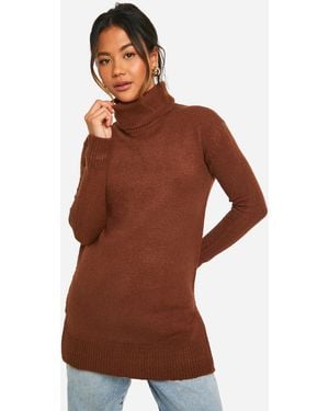 Boohoo Roll Neck Knitted Tunic - Brown