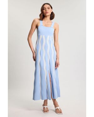 Karen Millen Contrast Wave Knit A-Line Knitted Strappy Dress - Blue