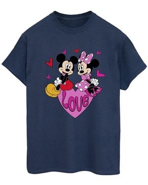 Disney Ladies Love Heart Mickey & Minnie Mouse Cotton Boyfriend T-Shirt - Blue