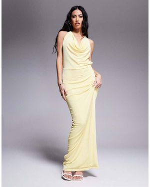 Aria Cove Double Layered Slinky Deep Cowl Neck Open Tie Back Maxi Dress - Grey