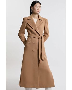 Karen Millen Italian Wool Double Breasted Longline Tailored Midi Coat - Brown