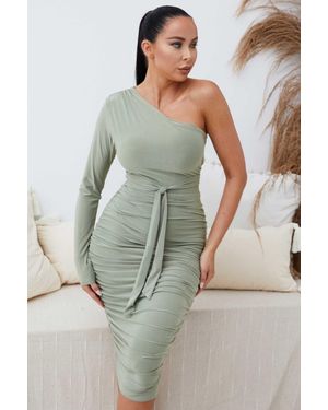 Femme Luxe One Shoulder Ruched Slinky Midi Dress - Multicolour